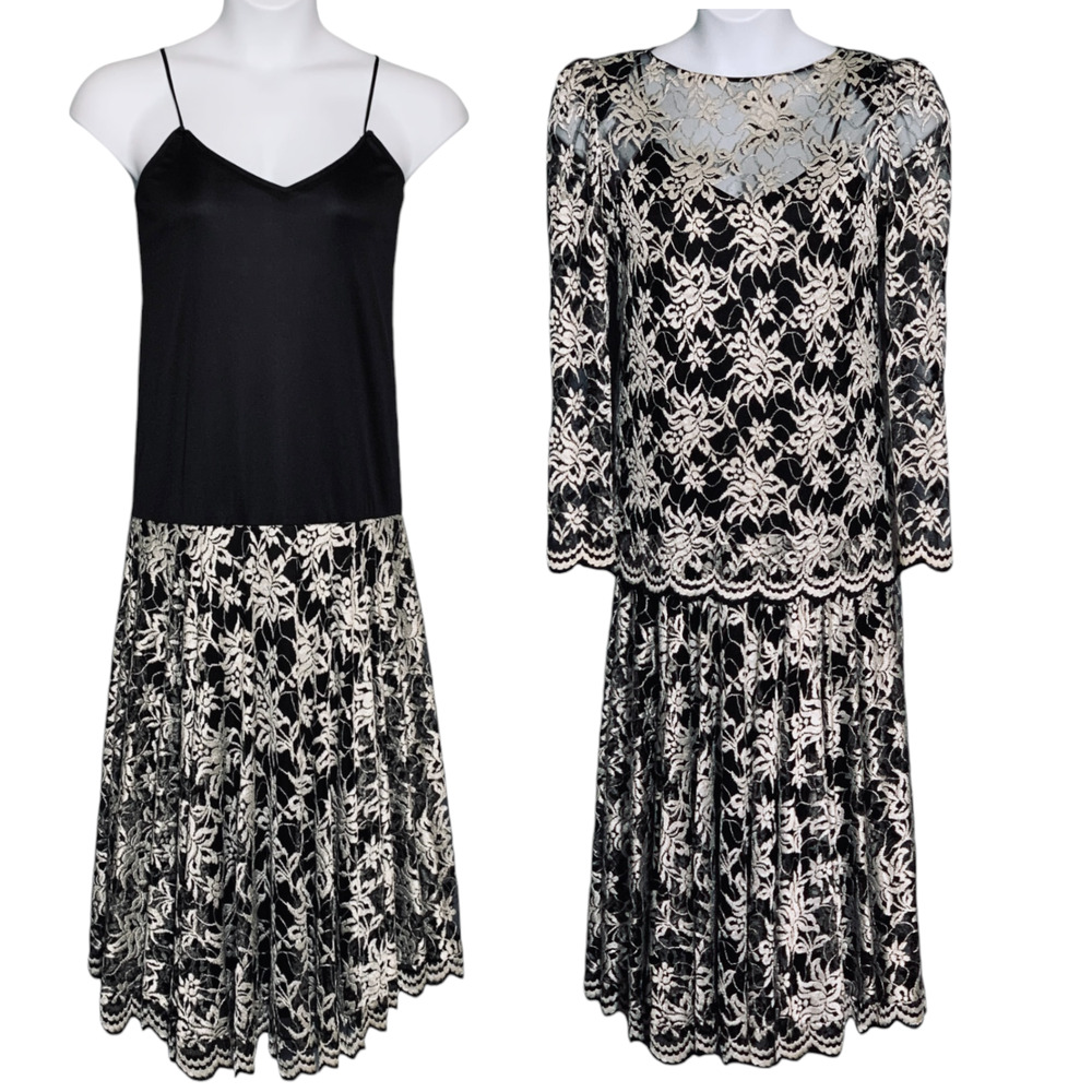 Vintage Pat Richards Black Evening Dress Size 14 Maiello Midi White Lace Holiday